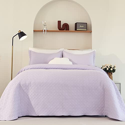 Cmfshape 3 Piece Bedspread King Size,Classic Geometric Stitched Quilt Set,Soft Lightweight Microfiber Coverlet,Reversible Bed Cover Set with 2 Shams(King106 x96,Lavender) - Image 2