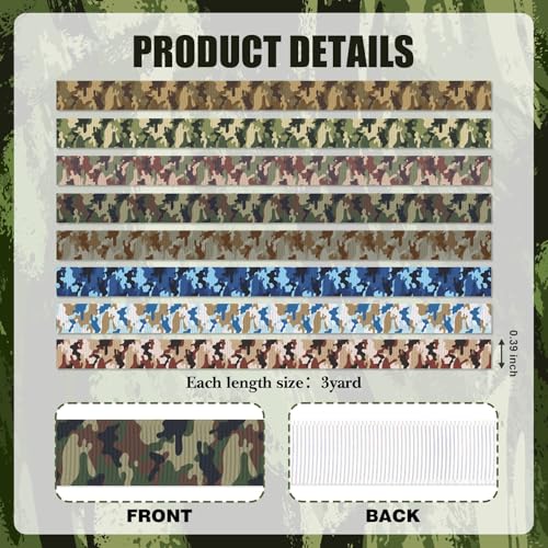 YKW Camo Ribbon 8 Pack - 24 Yards Military Camouflage Ribbons Set, 3/8 Inch Army Print Grosgrain for Crafts Bows Boys Party Decorations Desert Jungle Navy Blue - Image 2