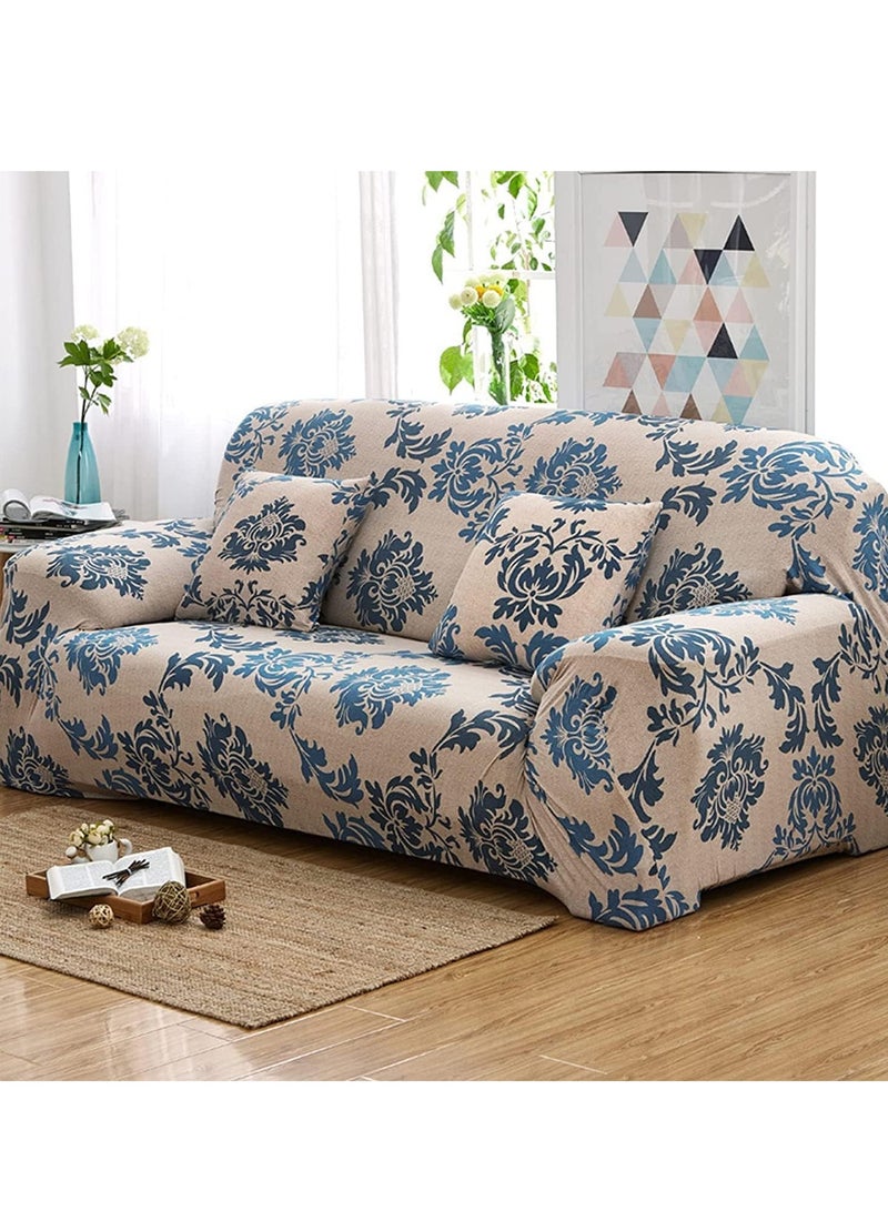 رولستيمي غطاء أريكة من 3 مقاعد، مصمم خالي من التجاعيد ومضاد للانزلاق بتغطية كاملة 360 درجة، بيج/أزرق، طول يمتد من 190 إلى 230 سم - Image 1