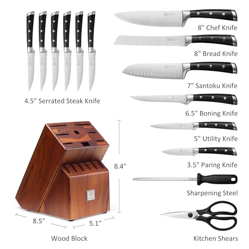 PAUDIN Knife Block Set, 15 Pieces Knife Set with Block, High Carbon Stainless Steel Kitchen Knife Set with Sharpener, Knives Set for Kitchen with Full Tang Triple Rivet Handle - Image 3