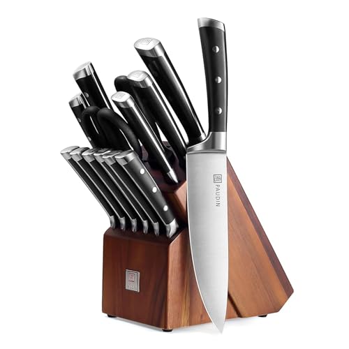 PAUDIN Knife Block Set, 15 Pieces Knife Set with Block, High Carbon Stainless Steel Kitchen Knife Set with Sharpener, Knives Set for Kitchen with Full Tang Triple Rivet Handle - Image 1
