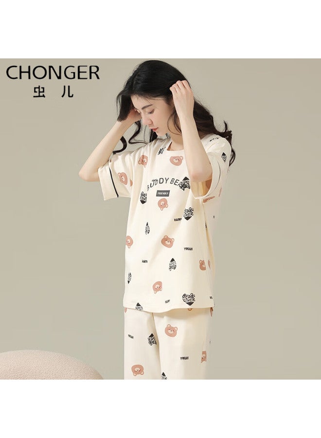 Insect Lady's Pajamas Women's Summer 100% Cotton Short Sleeve Seven-point Pants Round Neck Set Student Shorts Home Wear Can Be Worn Outside