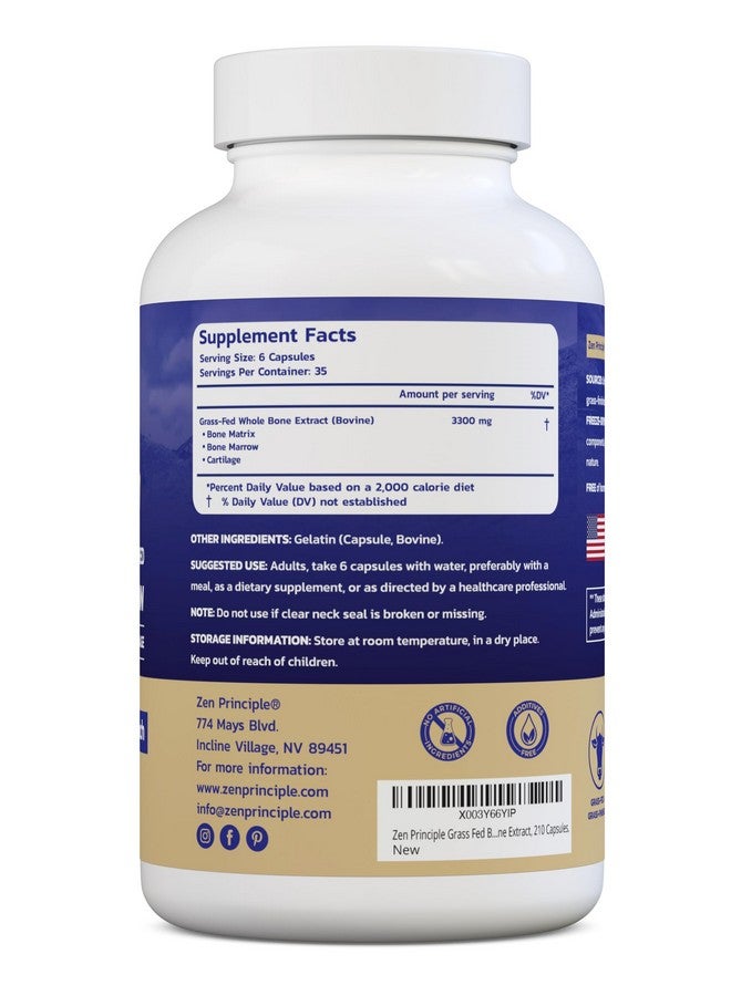 Zen Principle Grass Fed Beef Bone Marrow Supplement, 3300mg. Skin, Oral Health, and Joint Support. Promotes Whole-Body Wellness. Whole Bone Extract, 2-Pack, 420 Capsules (210 Capsules Per Bottle). - Image 2