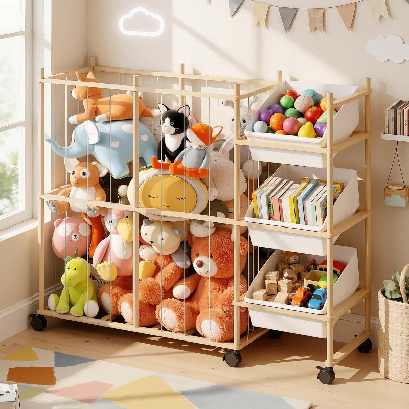 Sevenblue Toy Storage Organizer with 3 Removable Bins, Kids Storage Toy Shelf Organizer for Stuffed Animal Holder for Bedroom Playroom Nursery | Wood & White - Image 1