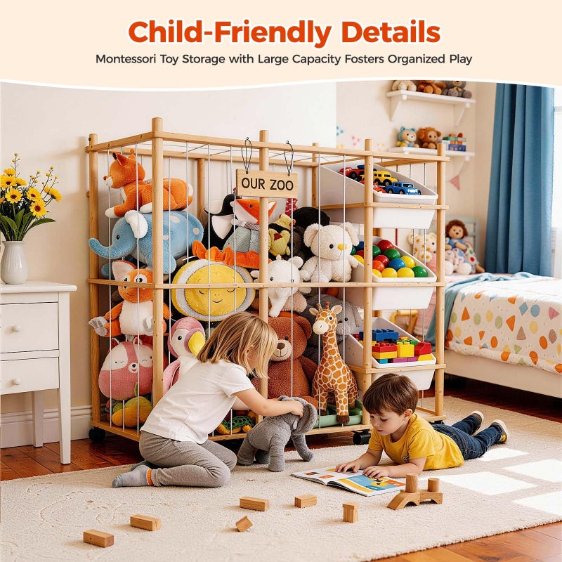Sevenblue Toy Storage Organizer with 3 Removable Bins, Kids Storage Toy Shelf Organizer for Stuffed Animal Holder for Bedroom Playroom Nursery | Wood & White - Image 5