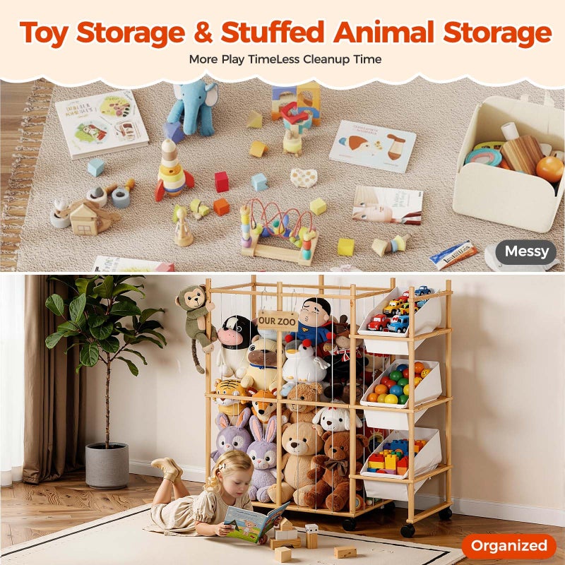 Sevenblue Toy Storage Organizer with 3 Removable Bins, Kids Storage Toy Shelf Organizer for Stuffed Animal Holder for Bedroom Playroom Nursery | Wood & White - Image 3