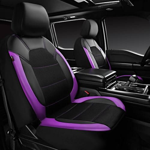 CAR PASS Leather Car Seat Covers Front Seats only with Air Mesh Front Seat Covers Breathable Cool Automotive Seat Covers 2 Pack Universal Fit Most CarsSUVTruckVan Airbag CompatibleBlack Purple - Image 1