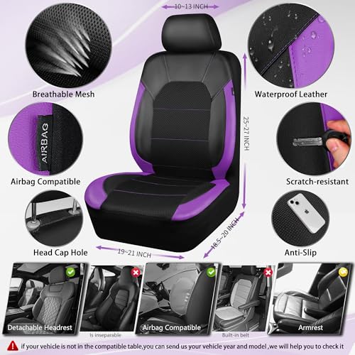CAR PASS Leather Car Seat Covers Front Seats only with Air Mesh Front Seat Covers Breathable Cool Automotive Seat Covers 2 Pack Universal Fit Most CarsSUVTruckVan Airbag CompatibleBlack Purple - Image 4
