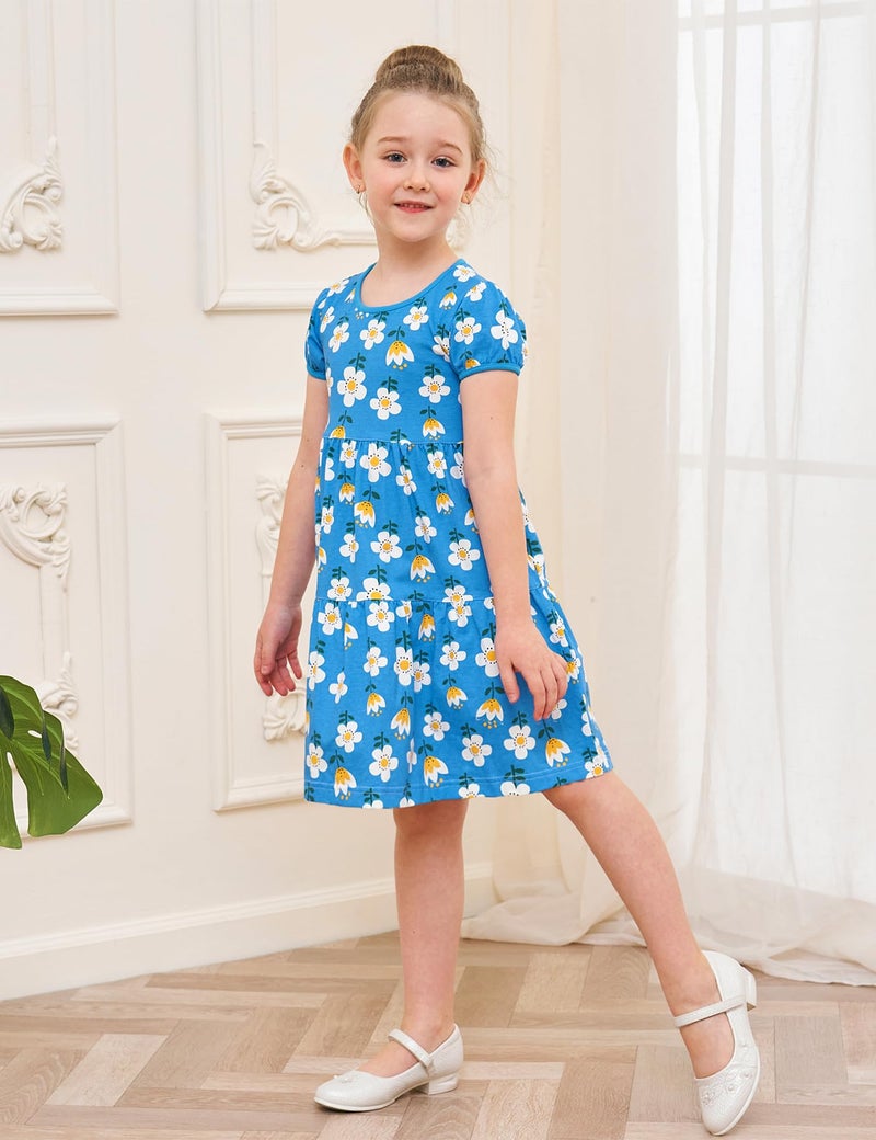 Bumeex Toddler Girl's Summer Dresses Clothes Cotton Short Sleeve Casual Twirly Tiered Swing Dress Playwear Sundress Clothing Outfits with Pockets Blue Sunflower 3t - Image 5