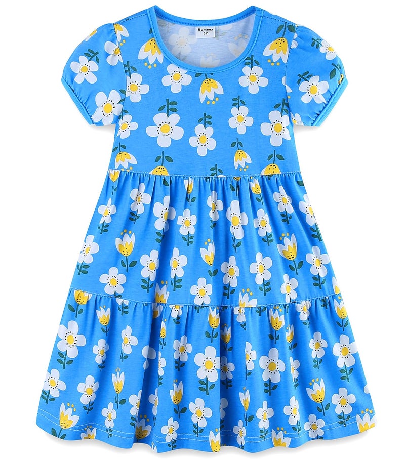 Bumeex Toddler Girl's Summer Dresses Clothes Cotton Short Sleeve Casual Twirly Tiered Swing Dress Playwear Sundress Clothing Outfits with Pockets Blue Sunflower 3t - Image 1