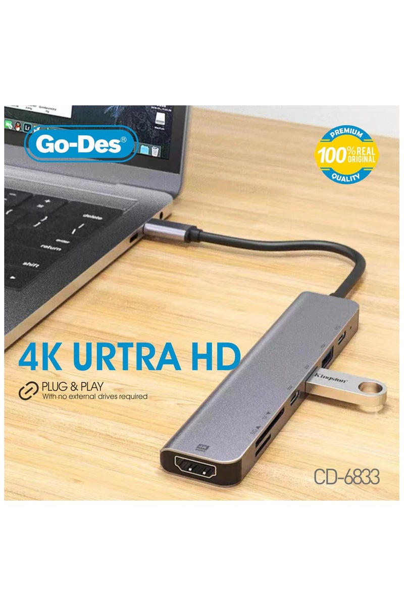 GO-DES 7-in-1 USB-C to HDTV Adapter 4K 60Hz Multiport Hub with USB-C USB-A SD/TF Slots PD 3.0 Fast Charging - Image 4
