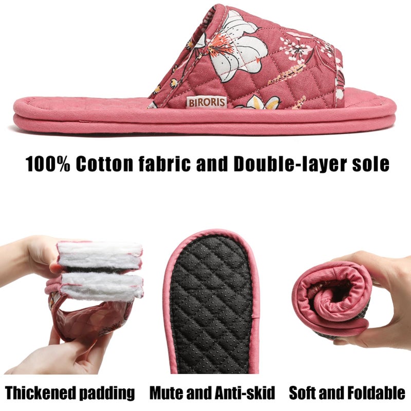 biroris 3 Pairs Floral Cotton House Slippers for Women, Open Toe Indoor Slippers Comfortable Washable Portable Foldable Guest Travel Hotel Airplane Spa Slippers - Image 4
