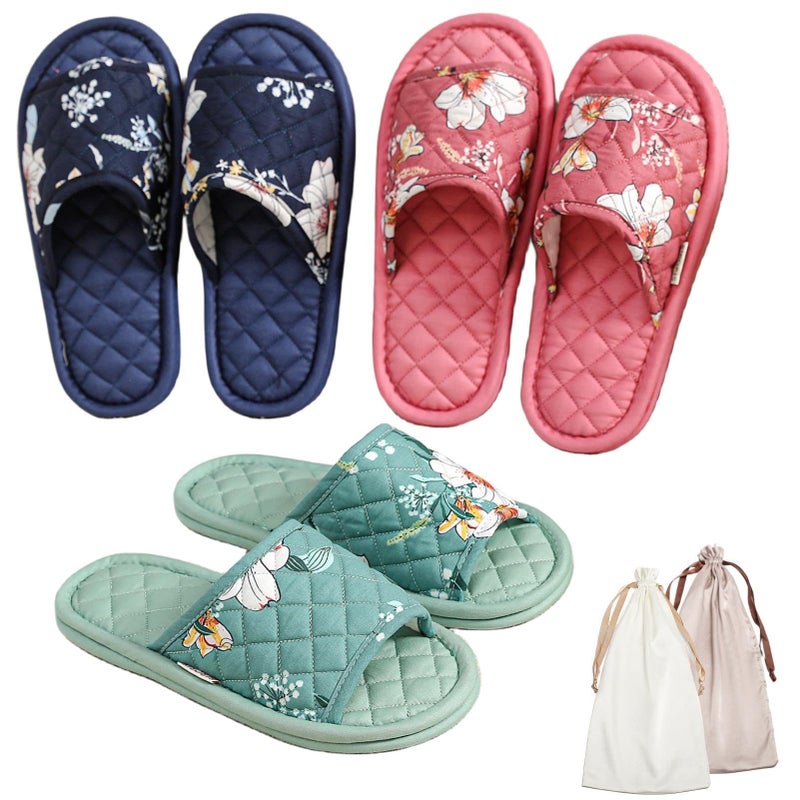 biroris 3 Pairs Floral Cotton House Slippers for Women, Open Toe Indoor Slippers Comfortable Washable Portable Foldable Guest Travel Hotel Airplane Spa Slippers - Image 1