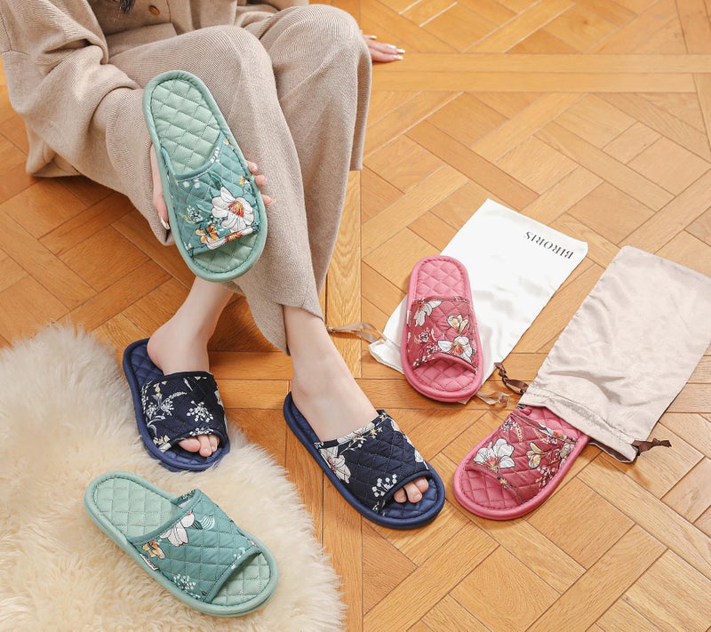 biroris 3 Pairs Floral Cotton House Slippers for Women, Open Toe Indoor Slippers Comfortable Washable Portable Foldable Guest Travel Hotel Airplane Spa Slippers - Image 3
