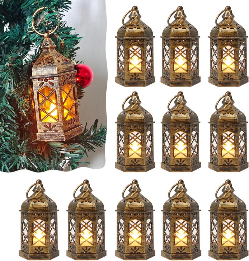 Reperla Mini Lantern Decorative, 12Pcs Small Lanterns with LED Candle, Ramadan Decorations, Hanging Vintage Moroccan Lantern Bulk for Easter Wedding Xmas Party Table Centerpiece, Brushed Brass - Image 1