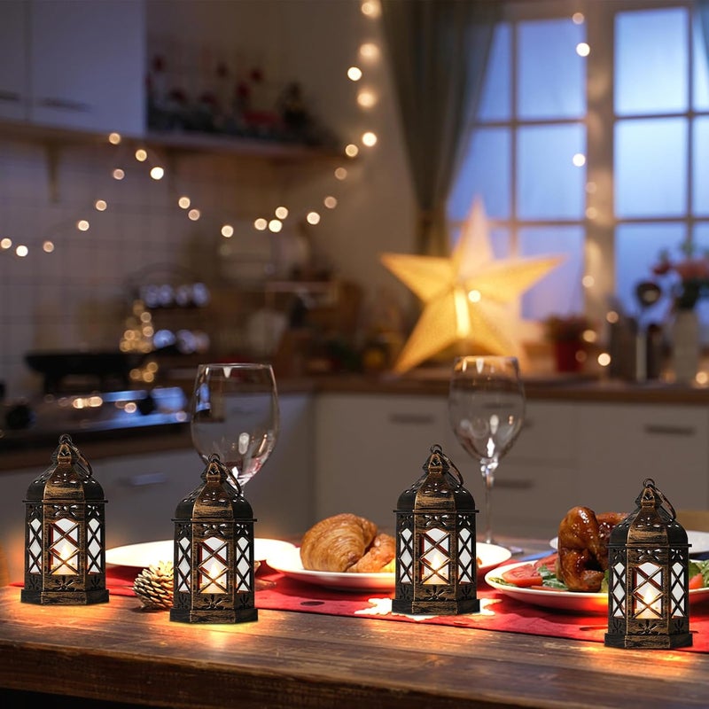 Reperla Mini Lantern Decorative, 12Pcs Small Lanterns with LED Candle, Ramadan Decorations, Hanging Vintage Moroccan Lantern Bulk for Easter Wedding Xmas Party Table Centerpiece, Brushed Brass - Image 5