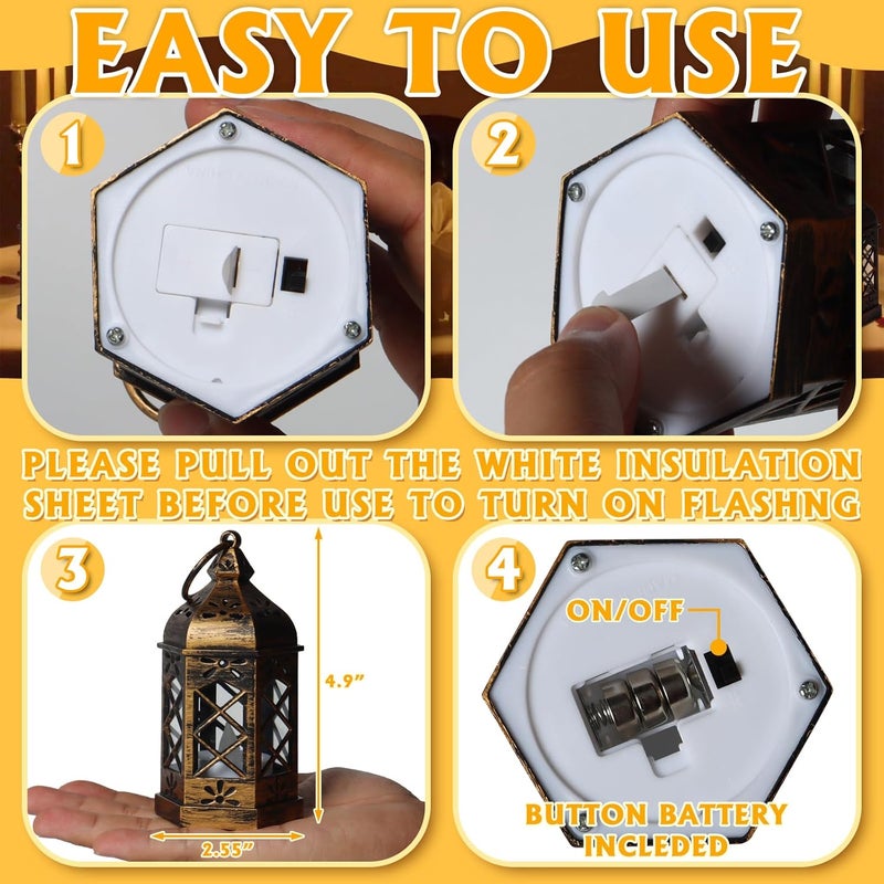 Reperla Mini Lantern Decorative, 12Pcs Small Lanterns with LED Candle, Ramadan Decorations, Hanging Vintage Moroccan Lantern Bulk for Easter Wedding Xmas Party Table Centerpiece, Brushed Brass - Image 3