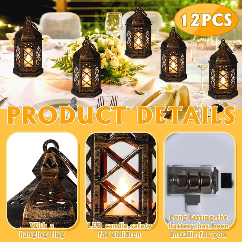 Reperla Mini Lantern Decorative, 12Pcs Small Lanterns with LED Candle, Ramadan Decorations, Hanging Vintage Moroccan Lantern Bulk for Easter Wedding Xmas Party Table Centerpiece, Brushed Brass - Image 2