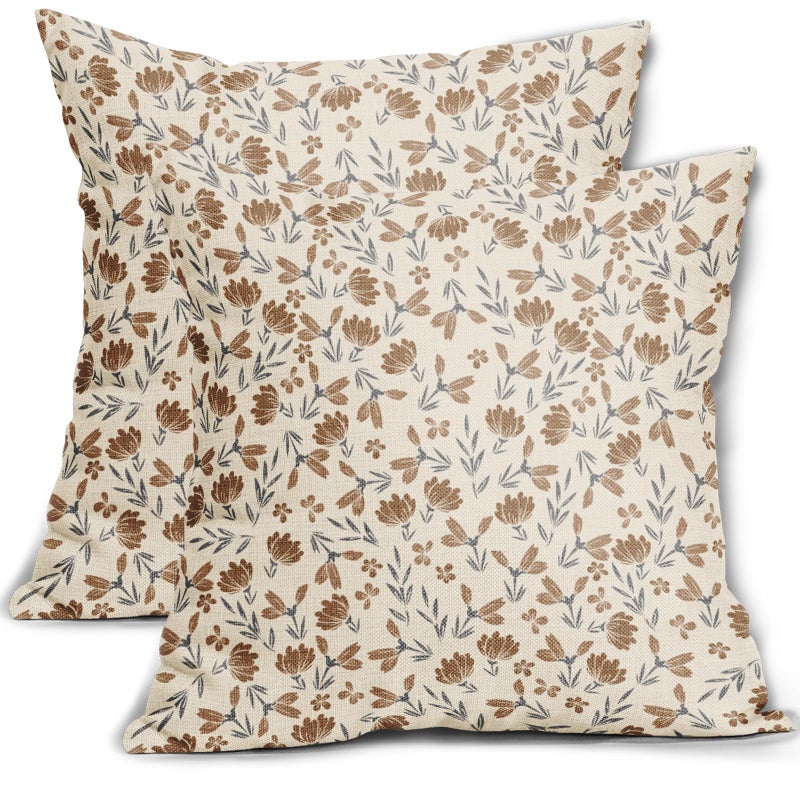 Aytipun Brown Grey Gray Floral Pillow Covers 18x18 Set of 2 Vintage Rustic Old Style Cute Small Flower Print Decorative Outdoor Pillowcases Farmhouse Throw Cushion Case Decor for Couch Sofa Bed - Image 1