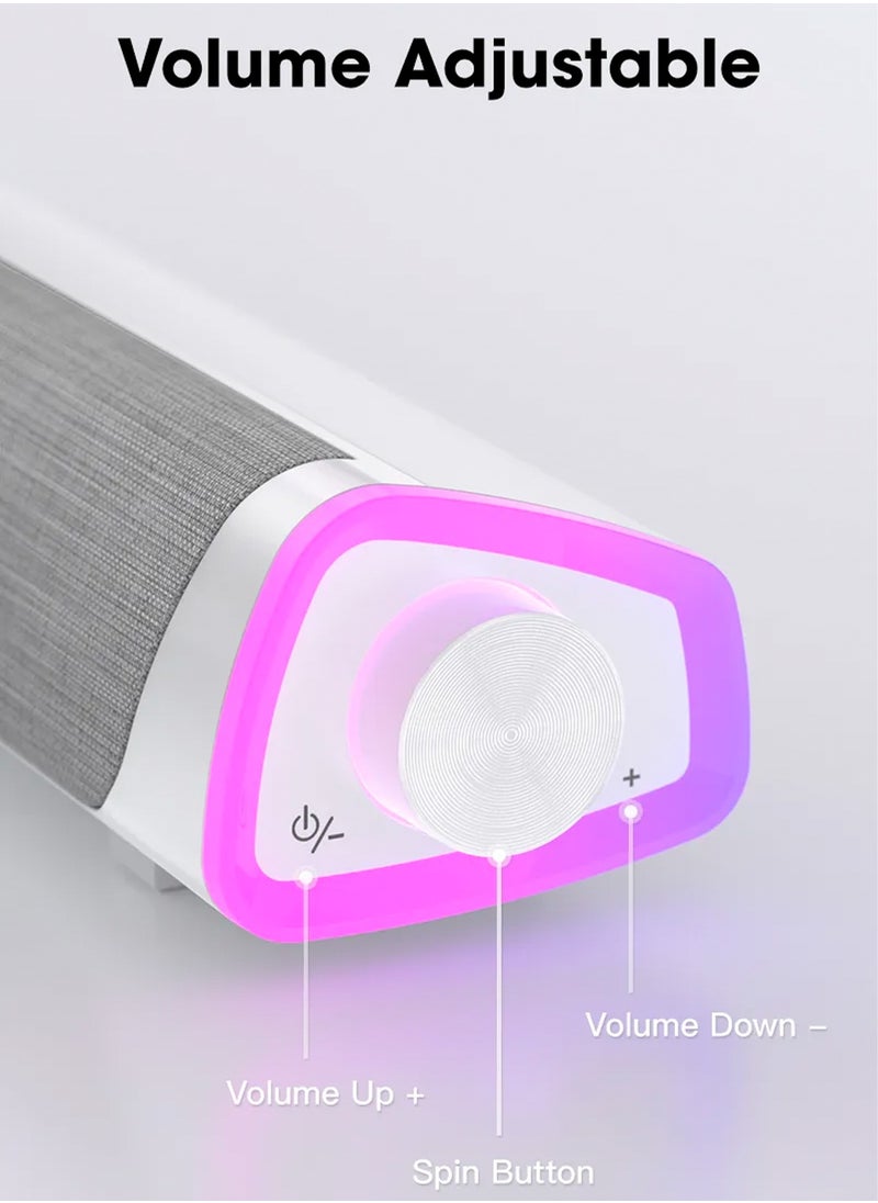 LOOPITYS - WHITE-USB Wired Computer Speaker, RGB Computer Sound Bar Desktop Speaker, 3D Stereo Surround Sound Box with Volume Knob 3.5mm Audio Input for Desktop PC Laptop Smartphone Tableters - Image 1