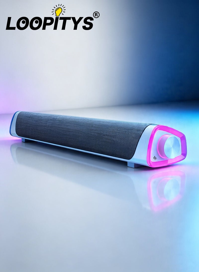 LOOPITYS WHITE-USB Wired Computer Speaker, RGB Computer Sound Bar Desktop Speaker, 3D Stereo Surround Sound Box with Volume Knob 3.5mm Audio Input for Desktop PC Laptop Smartphone Tableters - Image 1