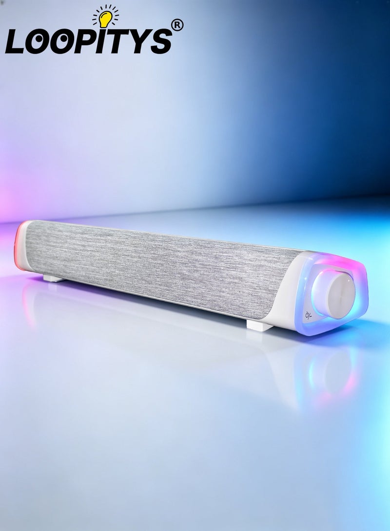 LOOPITYS WHITE-USB Wired Computer Speaker, RGB Computer Sound Bar Desktop Speaker, 3D Stereo Surround Sound Box with Volume Knob 3.5mm Audio Input for Desktop PC Laptop Smartphone Tableters - Image 1