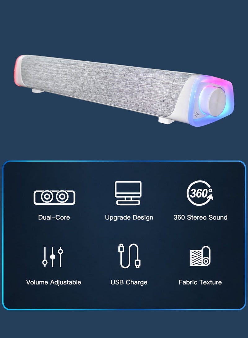 LOOPITYS WHITE-USB Wired Computer Speaker, RGB Computer Sound Bar Desktop Speaker, 3D Stereo Surround Sound Box with Volume Knob 3.5mm Audio Input for Desktop PC Laptop Smartphone Tableters - Image 2