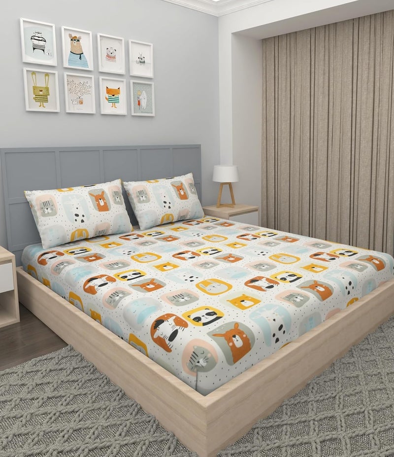 VOMZER VOMZER 300 TC Cotton Feel All Around Elastic Fitted King Size Bedsheets Premium Double Bedsheets for Kids with 2 Pillow Covers Size 72 x 78 10 Inch Animal Printed Multi Animals Multicolour 