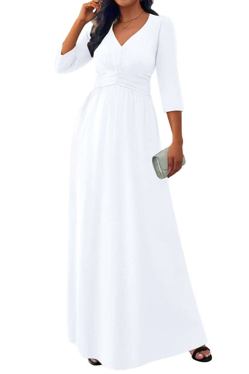 FANDEE Semi Formal Dresses for Women Summer 3/4 Sleeve White Long Dress with Pockets, Elegant Flowing Pleated, White, M - Image 2