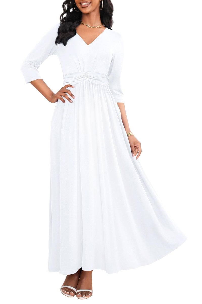 FANDEE Semi Formal Dresses for Women Summer 3/4 Sleeve White Long Dress with Pockets, Elegant Flowing Pleated, White, M - Image 1