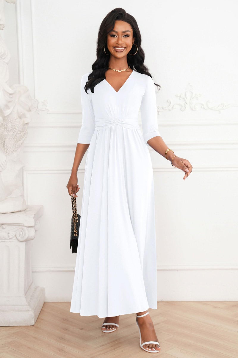 FANDEE Semi Formal Dresses for Women Summer 3/4 Sleeve White Long Dress with Pockets, Elegant Flowing Pleated, White, M - Image 3