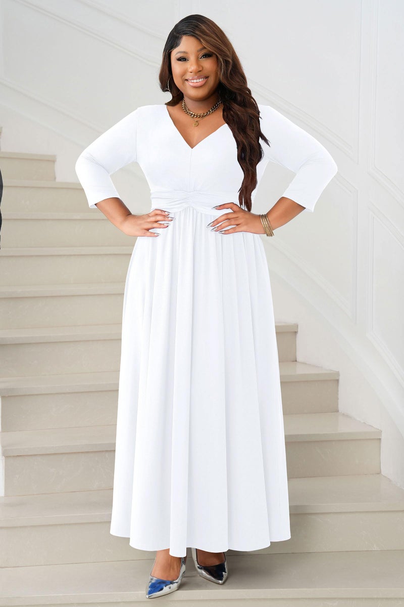 FANDEE Semi Formal Dresses for Women Summer 3/4 Sleeve White Long Dress with Pockets, Elegant Flowing Pleated, White, M - Image 5