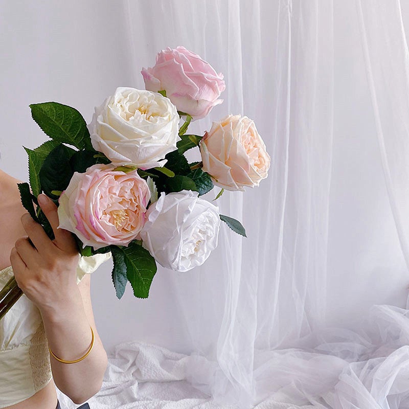 UKELER White Artificial Roses 4 Pcs Real Touch Latex Artificial Flowers Austin Rose Peony with Long Stem for Wedding Bouquet Home Decor Flower Arrangement - Image 5