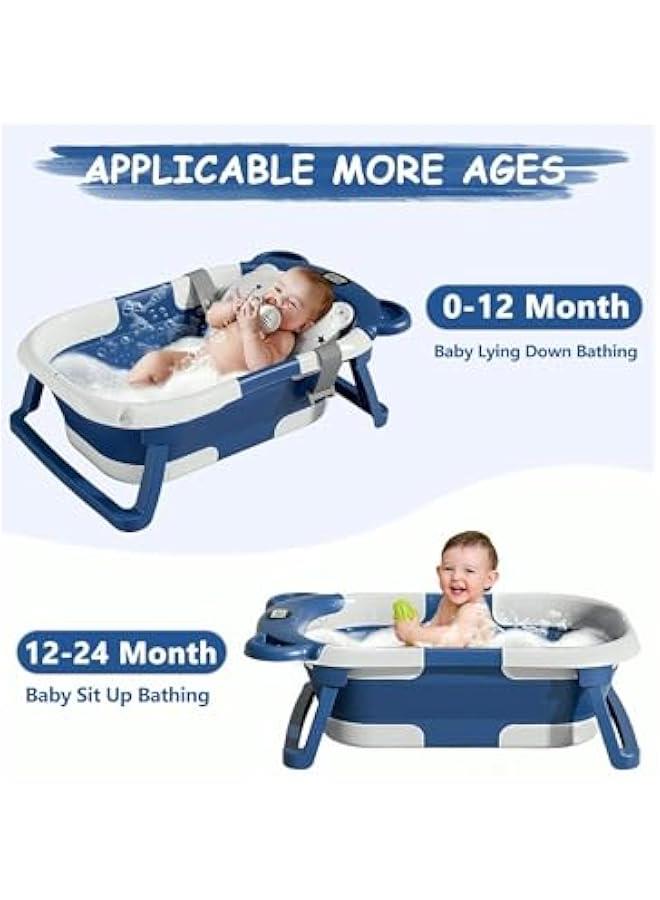 Baby Folding Bathtub, Portable Collapsible Toddler Bath Tub With Baby Cushion Temperature Sensor Drain Hole and Bath for Newborn/Infant/Toddler, Sitting Lying Large Safe Bathtub (Blue) - Image 3