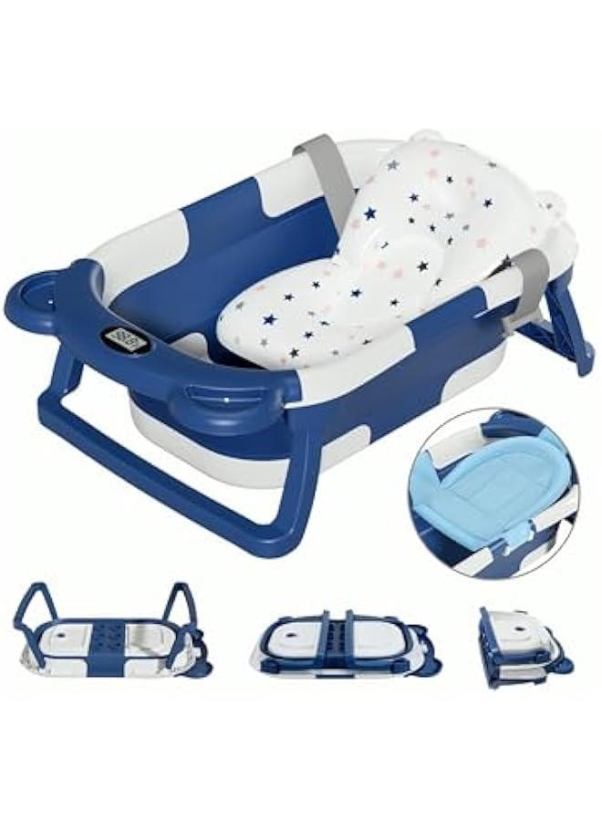 Baby Folding Bathtub, Portable Collapsible Toddler Bath Tub With Baby Cushion Temperature Sensor Drain Hole and Bath for Newborn/Infant/Toddler, Sitting Lying Large Safe Bathtub (Blue) - Image 1