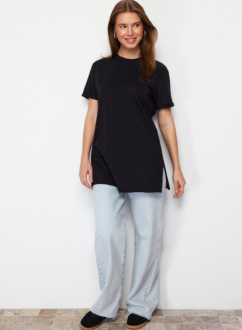 trendyol Basic Black T-Shirt - 100% Cotton, Short Sleeve, Slit TCTSS21TN0056 - Image 1