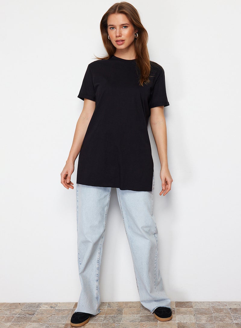trendyol Basic Black T-Shirt - 100% Cotton, Short Sleeve, Slit TCTSS21TN0056 - Image 2