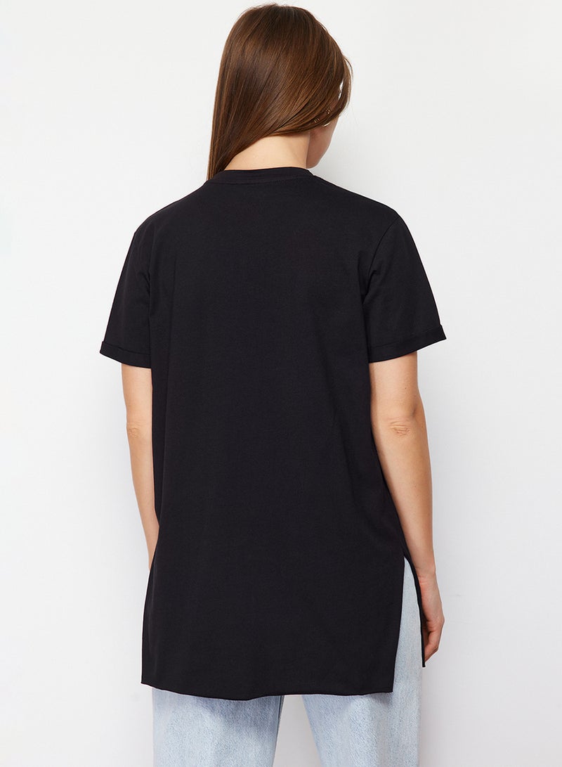trendyol Basic Black T-Shirt - 100% Cotton, Short Sleeve, Slit TCTSS21TN0056 - Image 5
