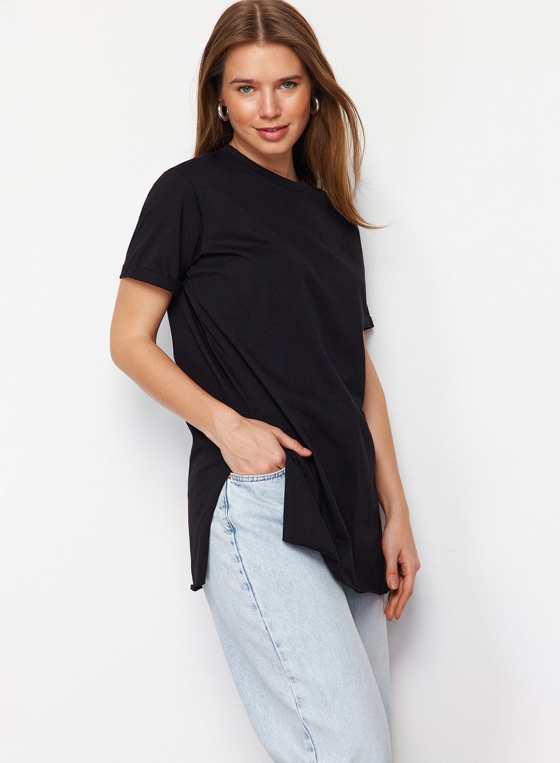 trendyol Basic Black T-Shirt - 100% Cotton, Short Sleeve, Slit TCTSS21TN0056 - Image 3