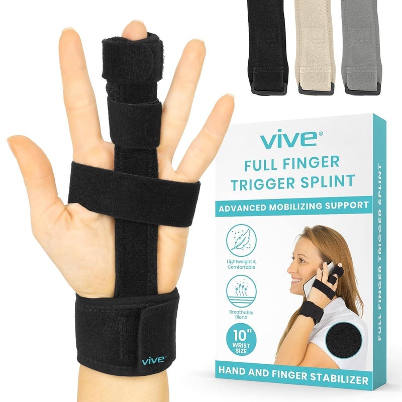 Vive Full Trigger Finger Splint  Hand and Wrist Brace Support  Adjustable Locking Straightener  Straightening Immobilizer Treatment For Sprains Pain Relief Arthritis Tendonitis Black - Image 1
