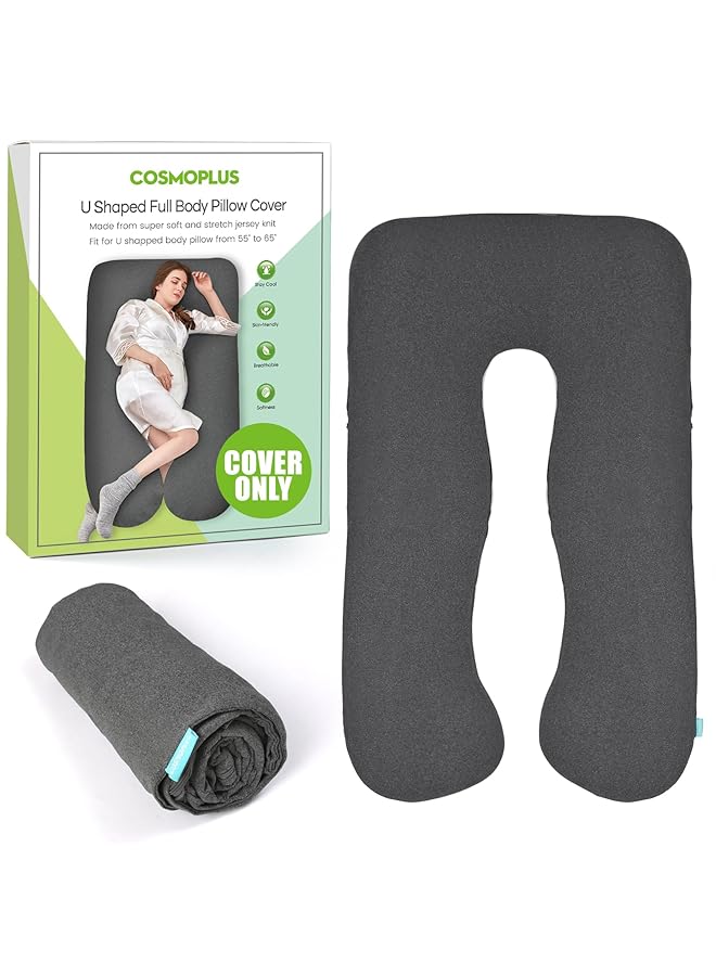كوزمو بلس غطاء وسادة الحمل على شكل حرف U غطاء وسادة كامل الجسم للأمومة مصنوع من قماش جيرسي قابل للتمدد وجيد التهوية يوفر دعمًا للنوم والحمل باللون الرمادي الفاتح - Image 1
