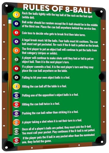 HYBLOM Classic Game Room Wall Art Tin Poster for Billiards Lovers - Vintage Rules Of 8-Ball Metal Sign, Retro Club, Billiards Room & Man Cave Decor 8x12 Inches - Image 1