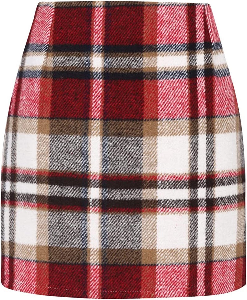 High-Waist Plaid Wool Pencil Mini Skirt red grid