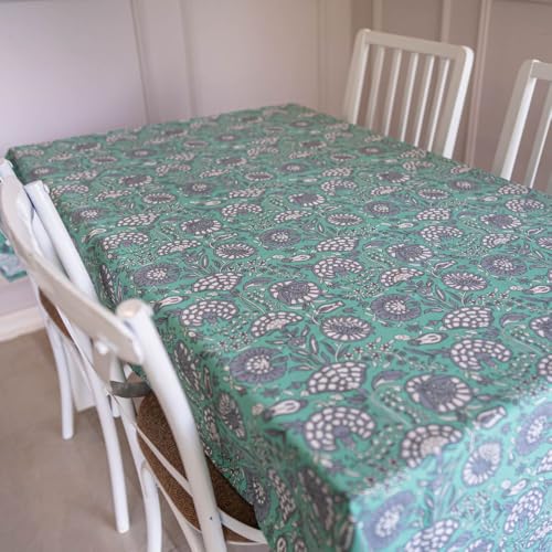 THE YARD HOUSE Wipeable & Anti-Slip Hand Block Printed Cotton Table Cover - Tranquil Teal (Rectangle 6 Seater, 150cm X 225cm) - Protects Against Spills & Scratches | Family Dining, Party, Gifting - Image 4