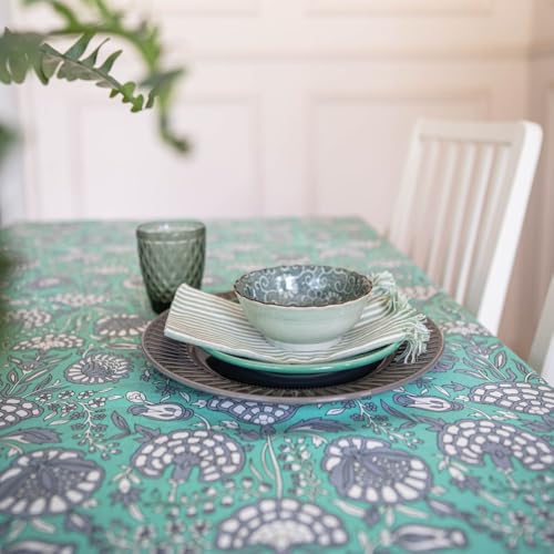 THE YARD HOUSE Wipeable & Anti-Slip Hand Block Printed Cotton Table Cover - Tranquil Teal (Rectangle 6 Seater, 150cm X 225cm) - Protects Against Spills & Scratches | Family Dining, Party, Gifting - Image 2