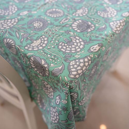 THE YARD HOUSE Wipeable & Anti-Slip Hand Block Printed Cotton Table Cover - Tranquil Teal (Rectangle 6 Seater, 150cm X 225cm) - Protects Against Spills & Scratches | Family Dining, Party, Gifting - Image 3