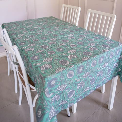 THE YARD HOUSE Wipeable & Anti-Slip Hand Block Printed Cotton Table Cover - Tranquil Teal (Rectangle 6 Seater, 150cm X 225cm) - Protects Against Spills & Scratches | Family Dining, Party, Gifting - Image 1