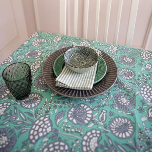 THE YARD HOUSE Wipeable & Anti-Slip Hand Block Printed Cotton Table Cover - Tranquil Teal (Rectangle 6 Seater, 150cm X 225cm) - Protects Against Spills & Scratches | Family Dining, Party, Gifting - Image 5