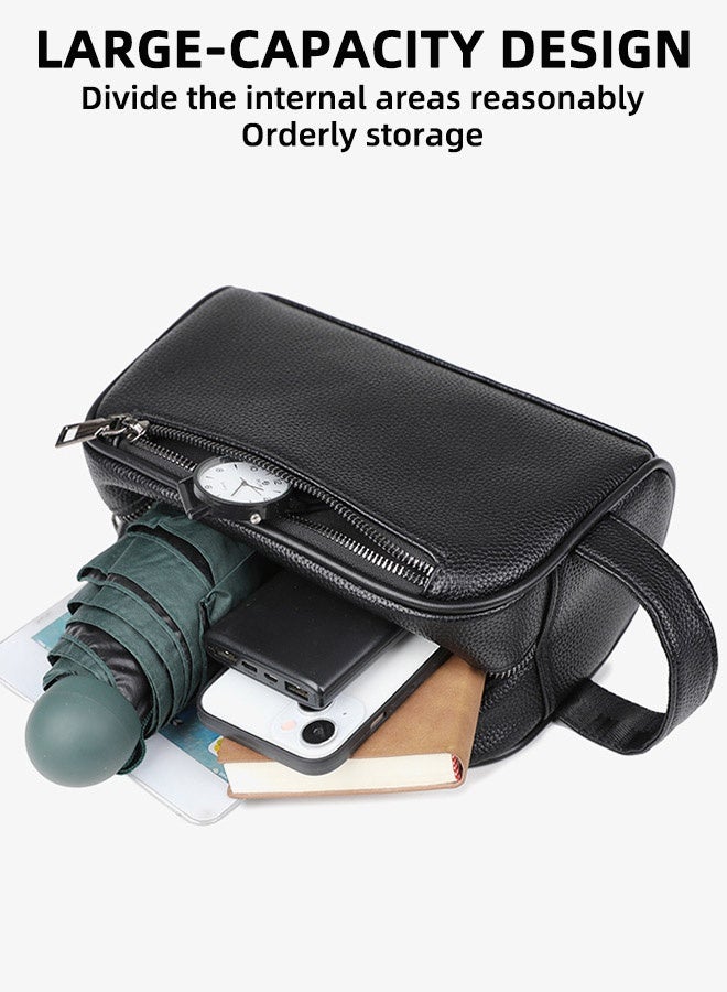 Premium PU Leather Men’s Business Handbag – Large Capacity Travel Clutch, Waterproof Lightweight Organizer for Phone/Wallet (23x13x9cm) Black - Image 2