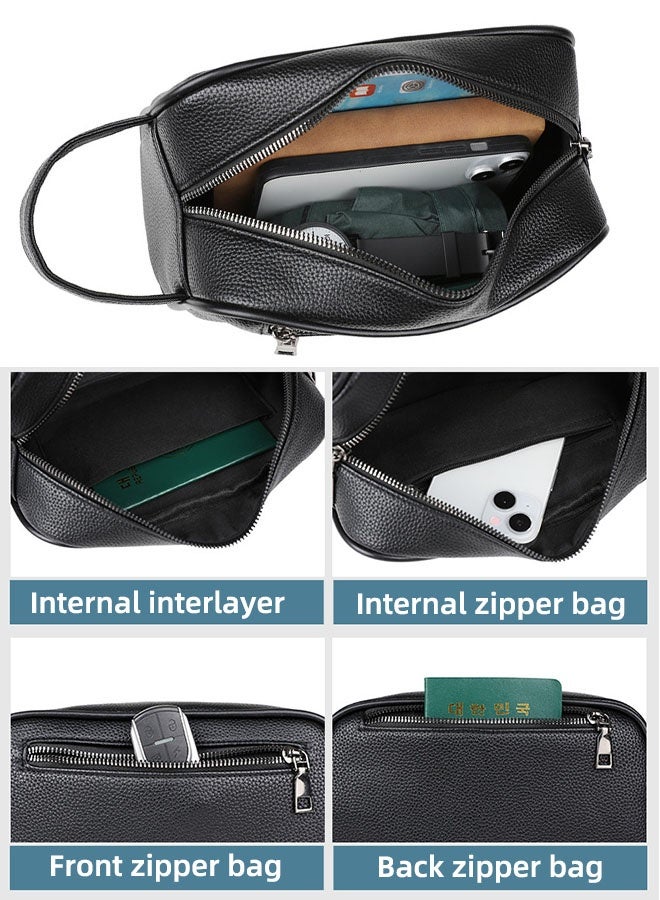 Premium PU Leather Men’s Business Handbag – Large Capacity Travel Clutch, Waterproof Lightweight Organizer for Phone/Wallet (23x13x9cm) Black - Image 3